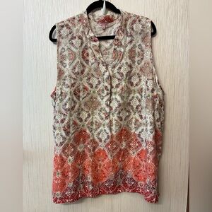 Rose & Thyme Boho Paisley Linen Blend V-Neck Sleeveless Blouse Plus Size 2X
